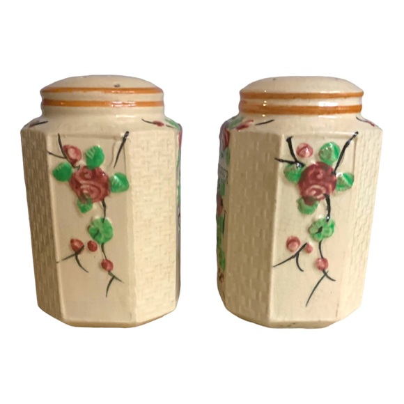 VTG Japan Shabby Chic Rose Floral Basket Weave Extra Large Salt & Pepper Shaker - Picture 2 of 7